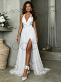 Backless Split A-Line Halter Neck Tulle Wedding Dress