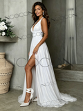 Backless Split A-Line Halter Neck Tulle Wedding Dress