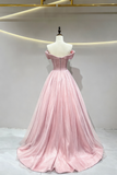 Pink Tulle A Line Off the Shoulder Flower Prom Dress