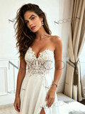 Sweetheart A-Line White Lace Chiffon Wedding Dress with Slit