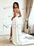 Sweetheart A-Line White Lace Chiffon Wedding Dress with Slit