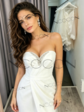 Sweetheart Beaded Sheath Column Satin Wedding Dress with Slit