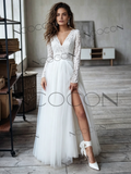 Chic V-Neck Long Sleeve A-Line Lace Tulle Wedding Dress