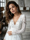 Chic V-Neck Long Sleeve A-Line Lace Tulle Wedding Dress