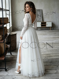 Chic V-Neck Long Sleeve A-Line Lace Tulle Wedding Dress