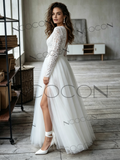 Chic V-Neck Long Sleeve A-Line Lace Tulle Wedding Dress