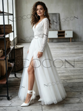 Chic V-Neck Long Sleeve A-Line Lace Tulle Wedding Dress