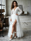 Chic V-Neck Long Sleeve A-Line Lace Tulle Wedding Dress