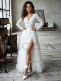 Chic V-Neck Long Sleeve A-Line Lace Tulle Wedding Dress