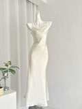 Subtle Cowl Neckline Ivory Satin Party Dress