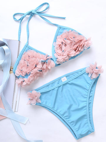 Flower String Halter Triangle Cup Bikini Set Swimsuit For Women
