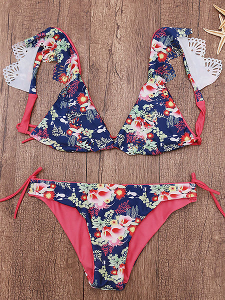 Floral Printed Bikini Sets Lotus Leaf Shoulder Strap Swimsuit Swimwear