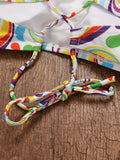 Lace Up High Neck Printed Colorful String Bikini Swimsuit