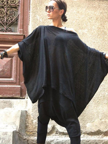 Fashion Black Batwing Sleeves High-low T-shirt Tops