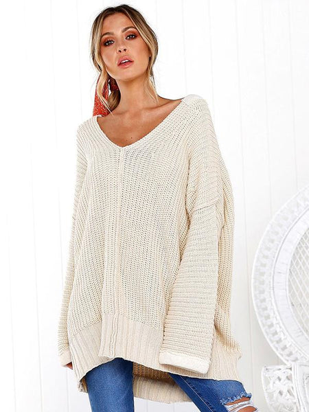 Modern Color V-neck Loose Sweater Tops