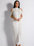 SEXY SHEATH WHITE SHOULDER PEARL HIGH NECK PARTY DRESS