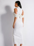 SEXY SHEATH WHITE SHOULDER PEARL HIGH NECK PARTY DRESS