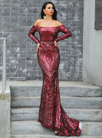SEQUINS OFF THE SHOULDER LONG SLEEVE PARTY DRESS
