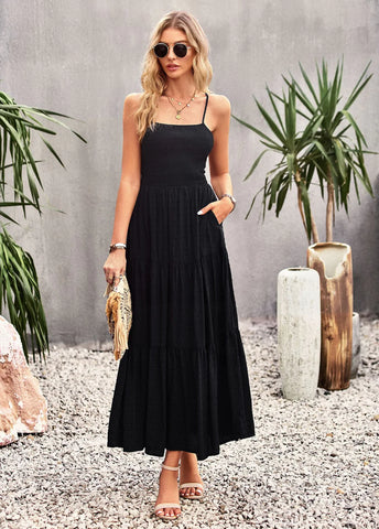 SLING PLEATS SOLID COLOR DRESS
