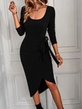 SQUARE NECK KNITTED LONG SLEEVE DRESS