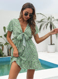 FLORAL FLOUNCES DEEP V-NECK SHORT SLEEVES CHIFFON