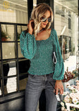 SQUARE NECK LONG SLEEVE PRINT SHIRT