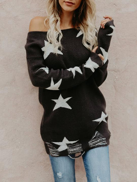 Romantic Printed Off-the-shoulder Sweater Tops
