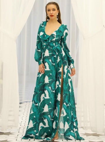 PRINTED BEACH SKIRT LONG SLEEVE WAIST STRAP FLOUNCES DRESS