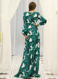 PRINTED BEACH SKIRT LONG SLEEVE WAIST STRAP FLOUNCES DRESS