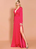 LONG SKIRT WAVE PRINT V-NECK SPLIT LONG SLEEVE DRESS