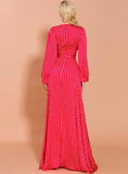 LONG SKIRT WAVE PRINT V-NECK SPLIT LONG SLEEVE DRESS