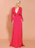 LONG SKIRT WAVE PRINT V-NECK SPLIT LONG SLEEVE DRESS