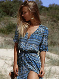 V Neck Half Sleeve Bohemia Stripe Front Split Maxi Dress