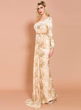 PRINTED LACE SEQUINED LONG SLEEVE EVENING DRESS