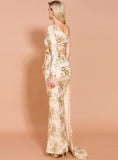 PRINTED LACE SEQUINED LONG SLEEVE EVENING DRESS