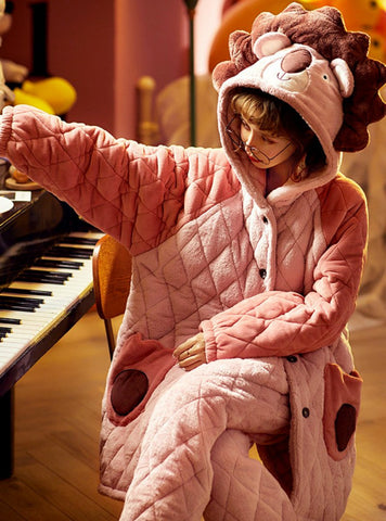 PINK LION THREE-LAYER THICKENED WARM CORAL FLEECE TWO-PIECE SUIT