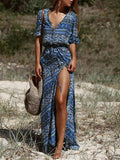 V Neck Half Sleeve Bohemia Stripe Front Split Maxi Dress