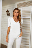 V-NECK PUFF SLEEVE WOOL BALL CHIFFON TOP