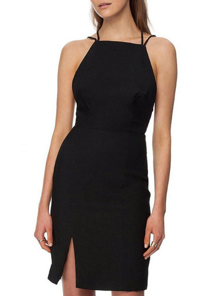 Trendy Spaghetti Strap Cross Backless Black Dress