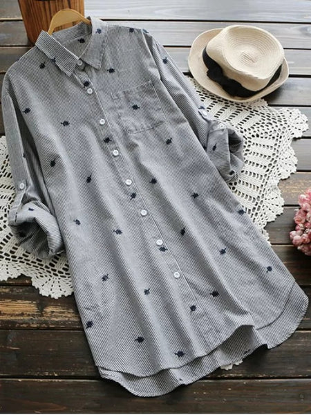 Fashion Leaf Embroidered Striped Pocket Tunic Shirt – Ncocon