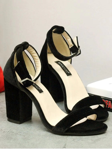 Fashion Block Heel Velvet Ankle Strap Sandals