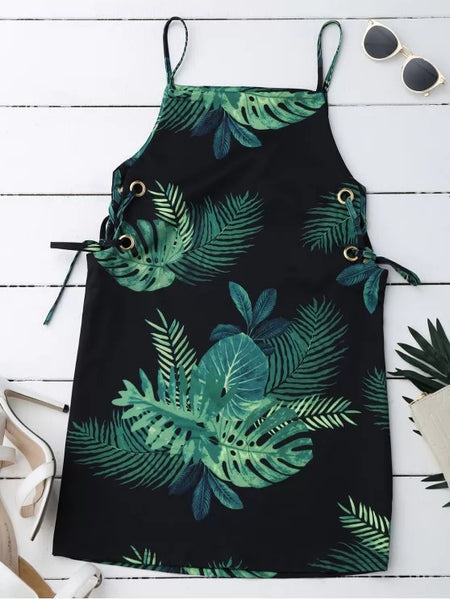 Trendy Palm Tree Print Lace Up Slip Dress