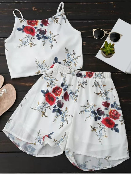 Floral Backless Crop Top and Chiffon Shorts