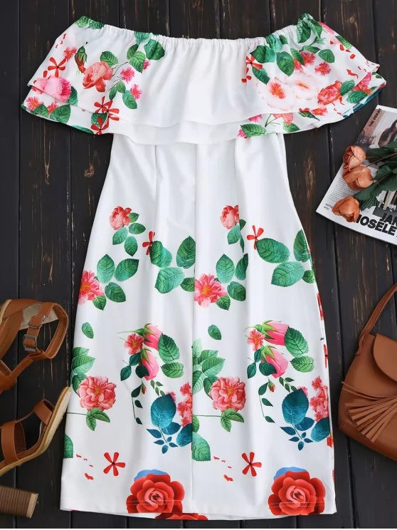 Graceful Straight Shoulder Printed Ruffle Overlay Sheath Dress