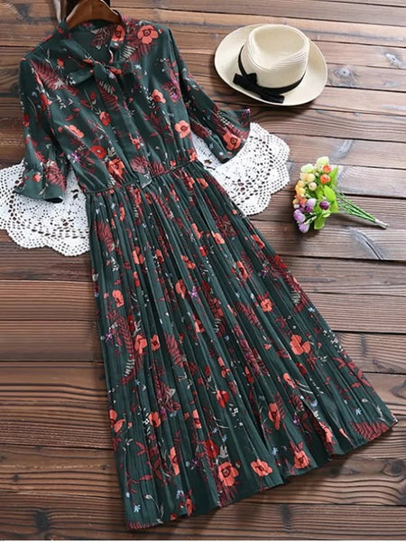 Pretty Pussy Bow Tie Floral Pleated Shirt Dress