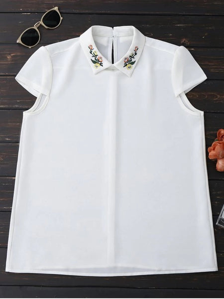 Trendy Cap Sleeve Embroidered Chiffon Blouse