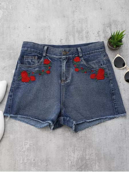 Trendy Cutoffs Rose Embroidered Denim Shorts