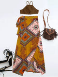 Cropped Faux Suede Top and Wrap Tribal Print Maxi Skirt