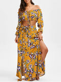 String Floral Cropped Top and Belted Maxi A-Line Skirt