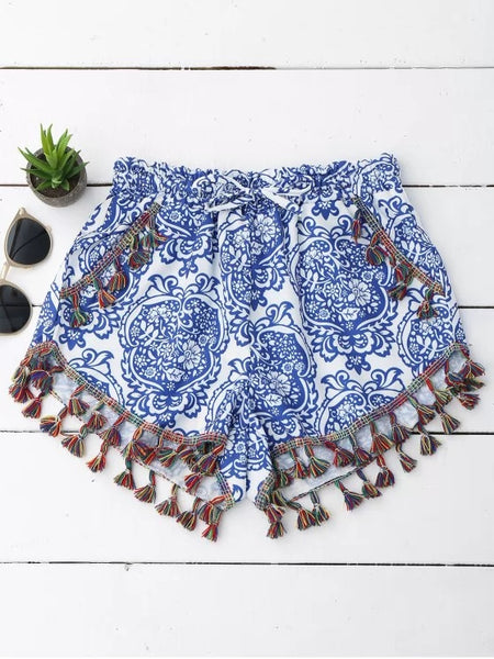 Fashion Printed Ethnic Tassels Shorts
